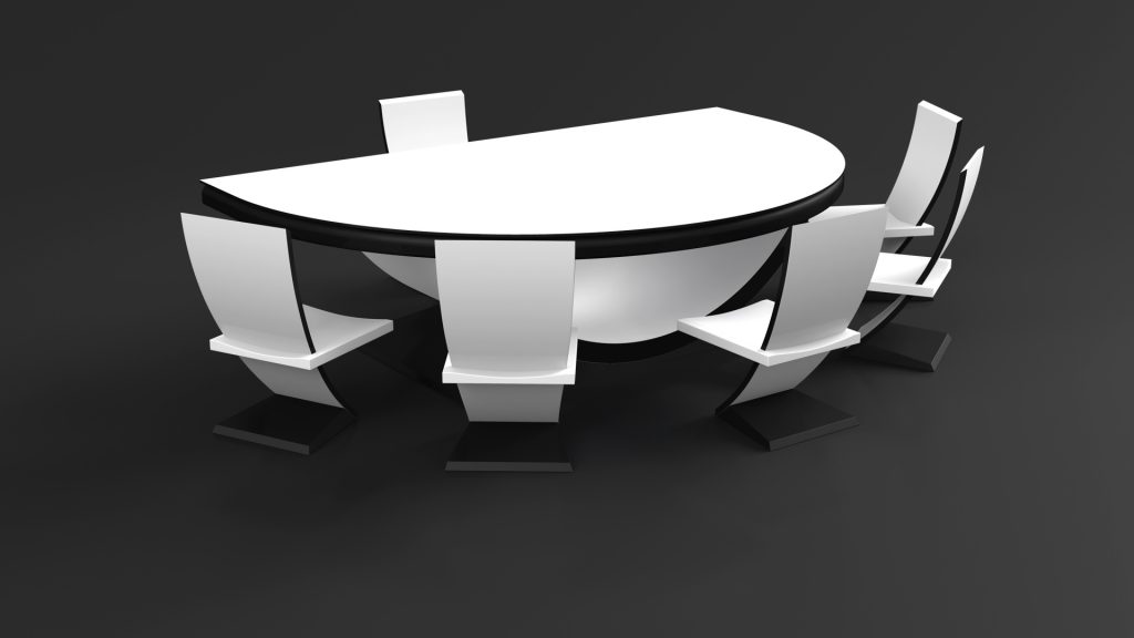 The Theseus Blackjack Table, a modern semi-circular white design, exudes elegance with six chairs featuring black bases, set against a dark background. It perfectly blends contemporary style with classic charm.