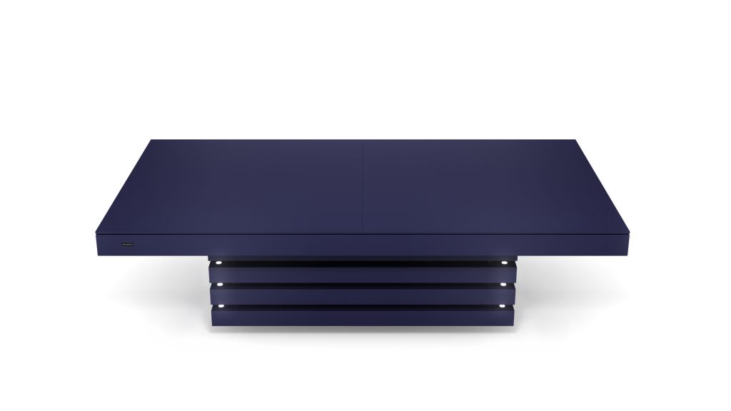 This dark blue square coffee table exudes luxury with its sleek, modern design. Supported by a distinct base of horizontal slats, it mirrors the sophisticated elegance of an Arclight Convertible Pool/Dining/Ping Pong Table with minimalist straight lines and a smooth finish.