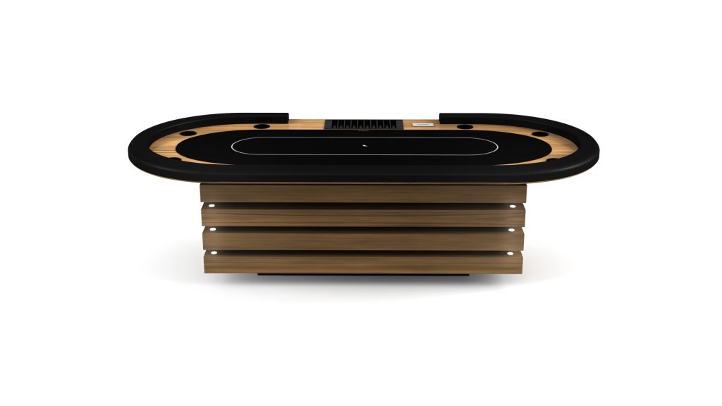 The Arclight Oval Poker Table features a sleek wood design, black felt surface, racetrack accents on a white background, built-in card shuffler, cup holders, and a modern base for an elevated gaming experience.