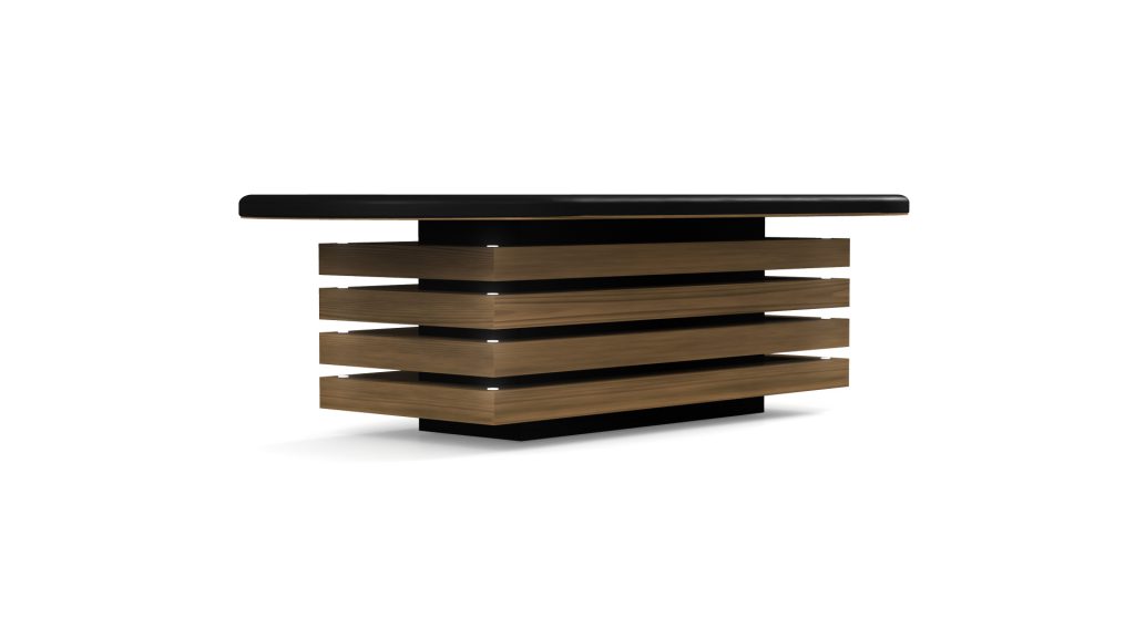 The Arclight Oval Poker Table is a modern luxury piece with a sleek black surface and horizontal wooden panels stacked with gaps, creating a layered look. Its oval silhouette evokes the elegance of a refined poker table while maintaining minimalist and contemporary charm.