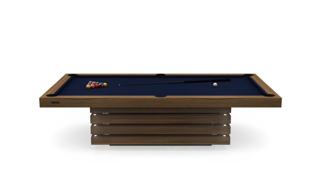The Arclight Pool Table showcases a modern design with wooden sides and a dark blue playing surface. It includes a cue stick, white cue ball, and colorful balls arranged in a triangle. It stands on a unique stacked wood base against a simple white background.