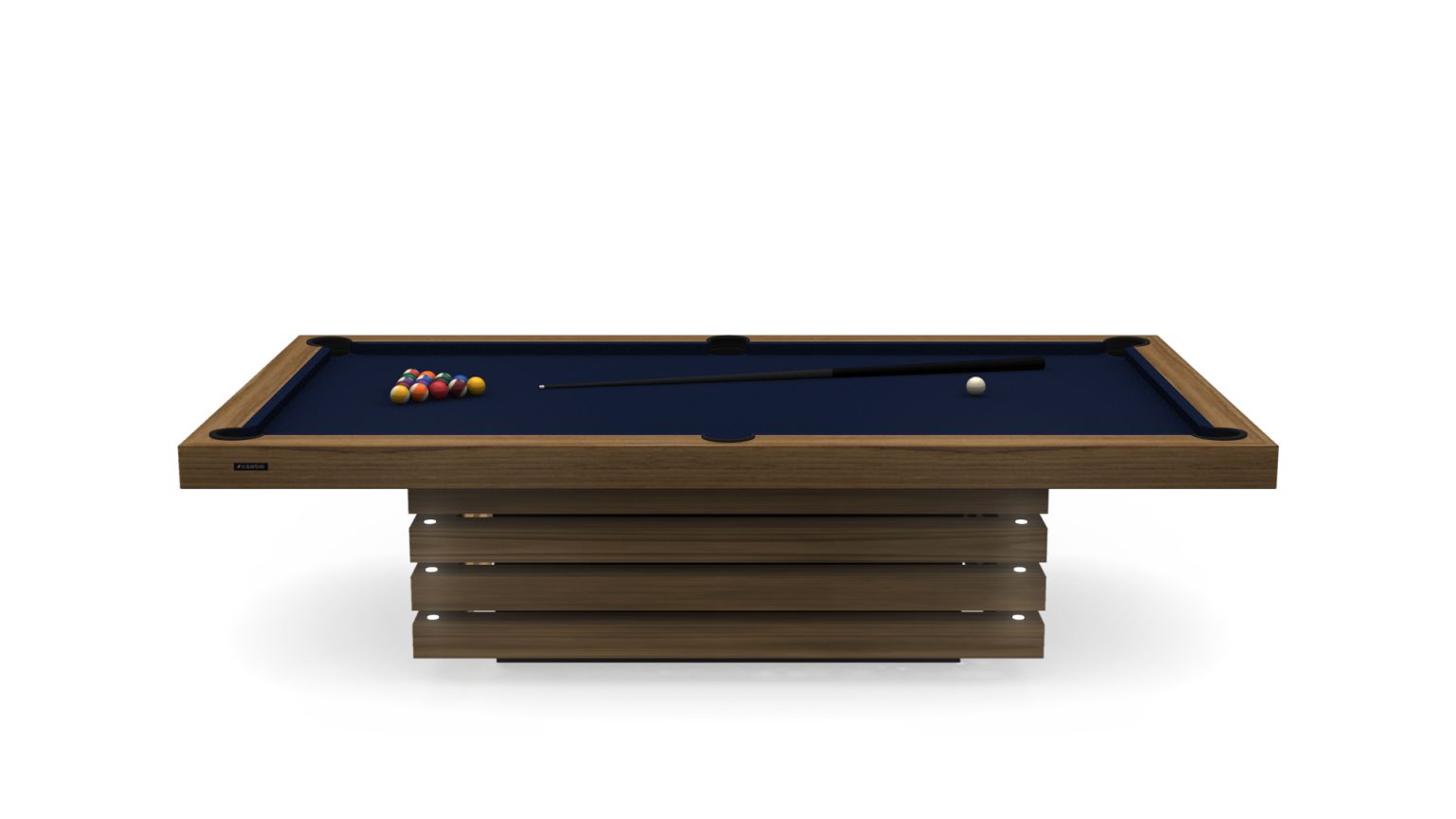 The Arclight Pool Table showcases a modern design with wooden sides and a dark blue playing surface. It includes a cue stick, white cue ball, and colorful balls arranged in a triangle. It stands on a unique stacked wood base against a simple white background.