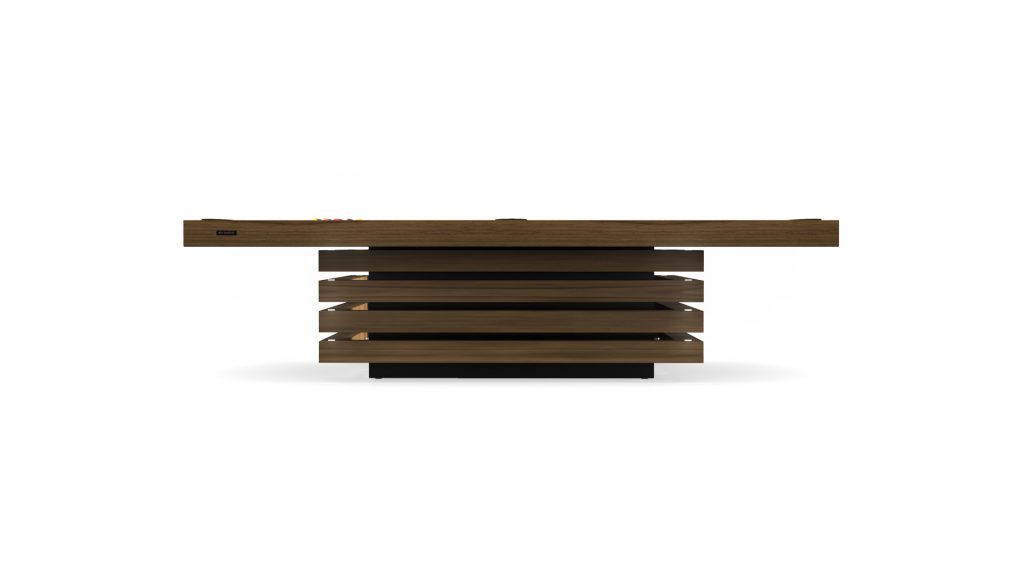 A modern, minimalist table featuring a unique layered wooden base and flat rectangular top, reminiscent of the geometric design of a luxury Arclight Pool Table, enhancing its contemporary style.