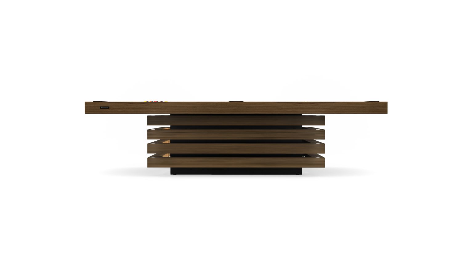 A modern, minimalist table featuring a unique layered wooden base and flat rectangular top, reminiscent of the geometric design of a luxury Arclight Pool Table, enhancing its contemporary style.