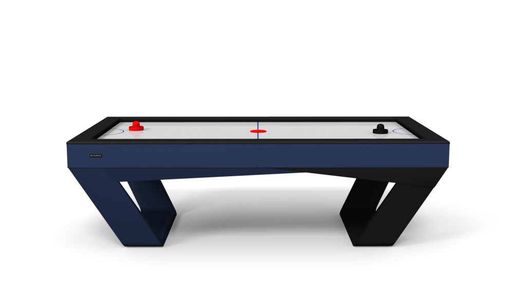 The Avettore Air Hockey Table features a sleek black and blue design, with a minimalist playing surface complemented by red and black paddles on opposite sides.