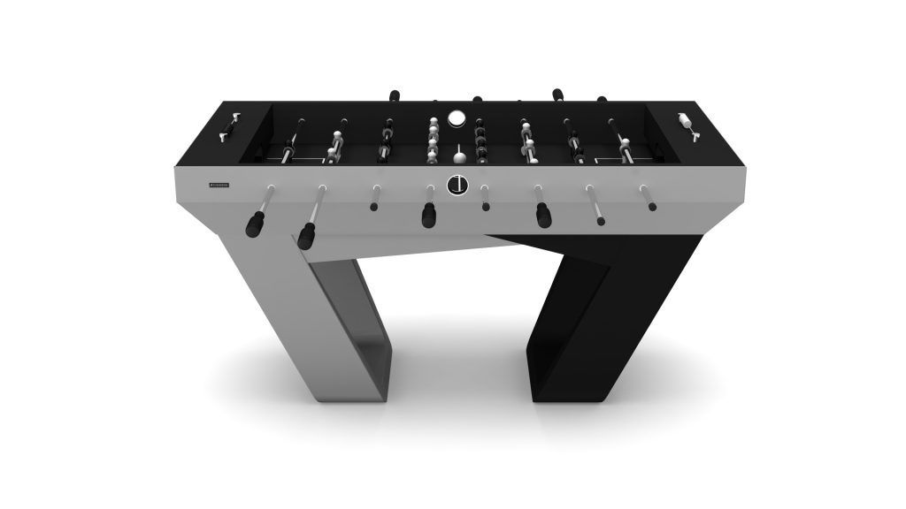 Indulge in the sophisticated allure of the Avettore Foosball Table, boasting a sleek silver and black aesthetic. Its minimalist rods and players stand out against a simple white backdrop, making it an elegant addition to any stylish game room.