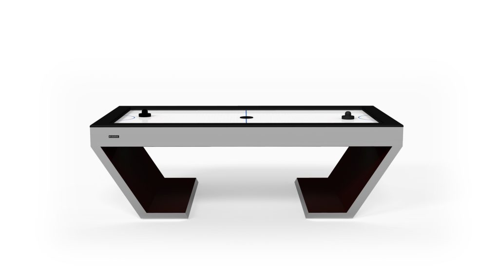 Meet the Cabaret Air Hockey Table, a sleek modern marvel with a black and white design. Equipped with two strikers, a puck, and unique V-shaped leg support, it adds elegance and excitement to any space.