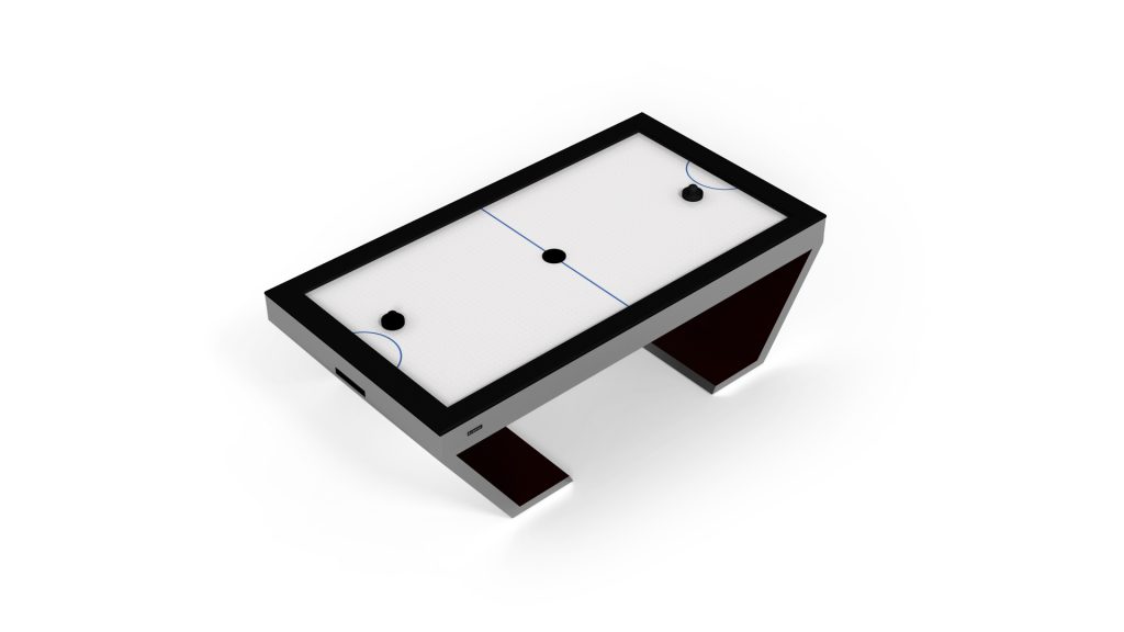 The Cabaret Air Hockey Table showcases a sleek, modern design with an overhead view revealing a black frame and white surface. It includes two black strikers and a puck, all set against a pristine white background.