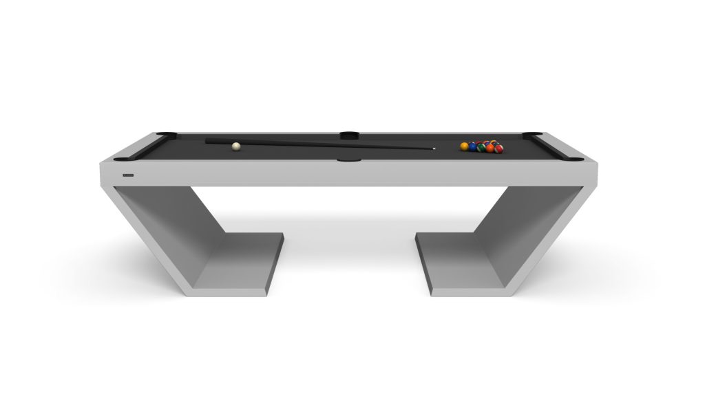 The Cabaret Pool Table is a luxury piece with a modern, minimalist look, showcasing sleek gray lines and angular legs. It features a black surface, complete with a cue stick, white cue ball, and racked pool balls ready for play.