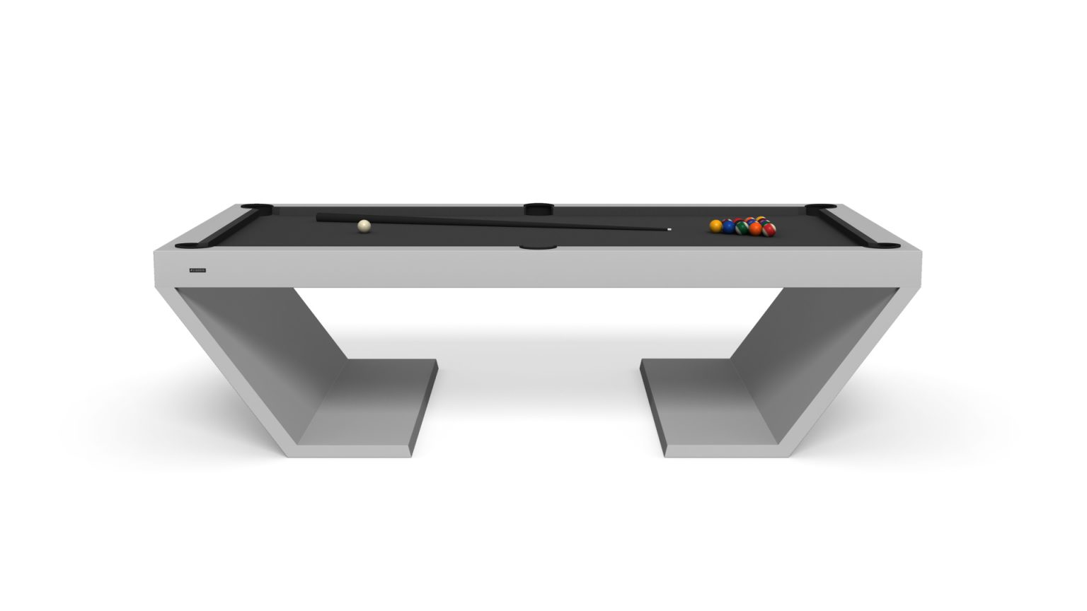 The Cabaret Pool Table is a luxury piece with a modern, minimalist look, showcasing sleek gray lines and angular legs. It features a black surface, complete with a cue stick, white cue ball, and racked pool balls ready for play.