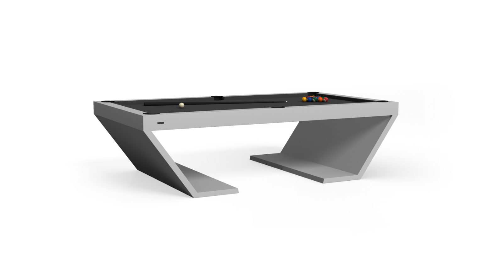 The Cabaret Pool Table features a modern, angular design with a sleek gray and geometric style. Its black playing surface is complemented by the distinct z-shaped support base, cue, and vibrant balls, making it an elegant contemporary centerpiece.