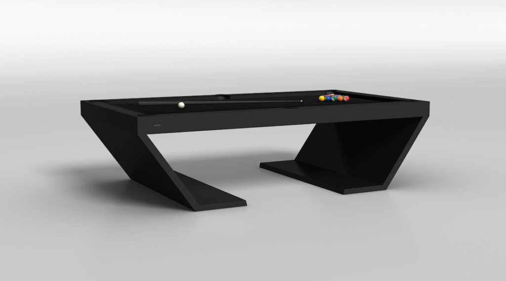 The Cabaret Pool Table, with its sleek black finish and geometric supports, epitomizes the elegance of luxury game tables. Its minimalist design includes a set of pool balls artfully arranged in the center.