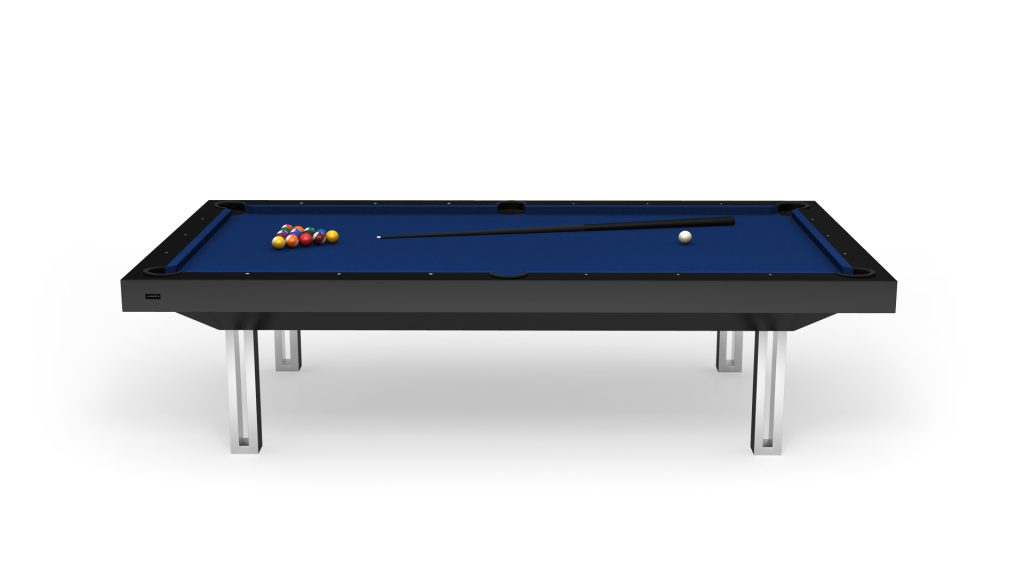 The Executive Pool Table showcases a blue felt surface with a diagonally placed cue stick and racked billiard balls. It features sleek black edges and metallic legs, embodying luxury and style against a plain white background.