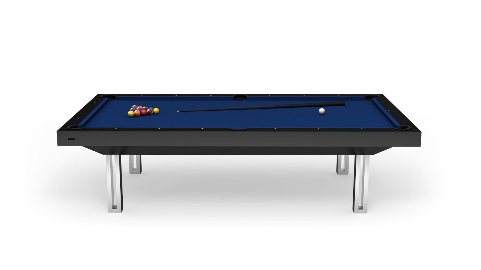 The Executive Pool Table showcases a blue felt surface with a diagonally placed cue stick and racked billiard balls. It features sleek black edges and metallic legs, embodying luxury and style against a plain white background.