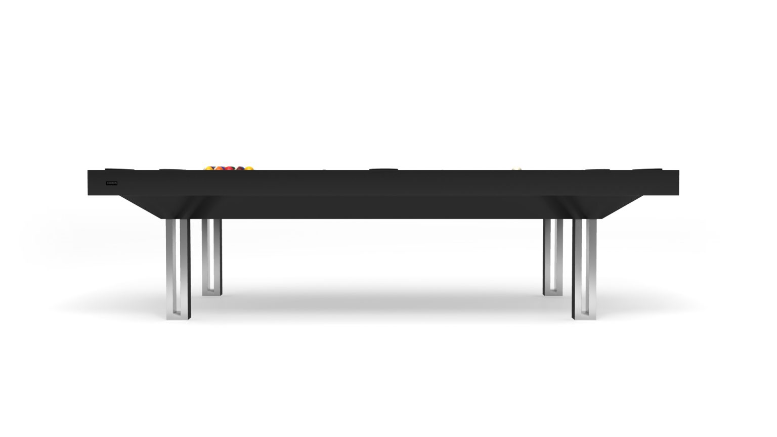 The Executive Pool Table, featuring a sleek, modern design with chrome legs, stands against a plain white background. The table exudes minimalistic luxury, showcasing visible billiard balls on its surface.