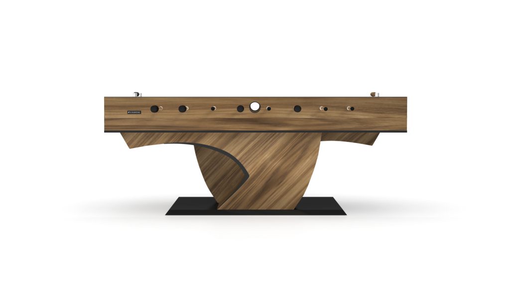 Discover the Force Foosball Table, boasting a modern design with a wood-grain finish on its curved base, elegantly resting on a black platform.
