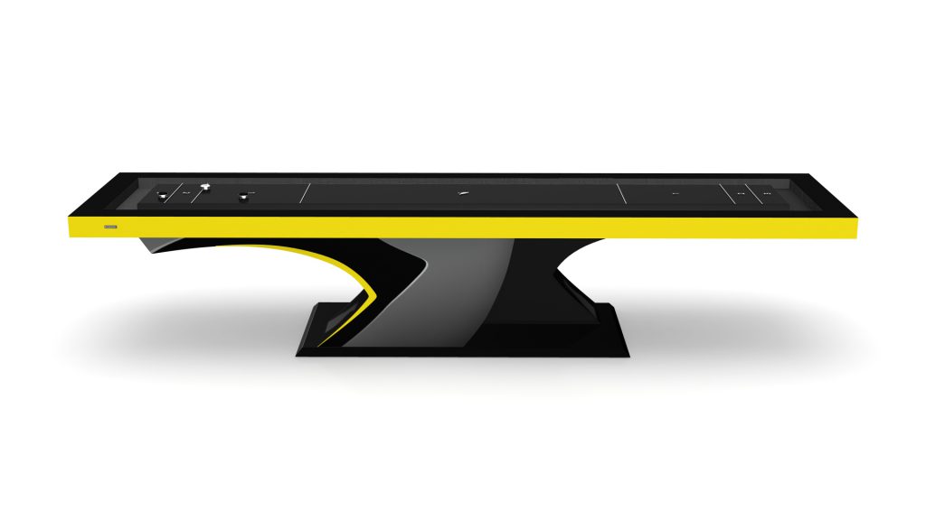 The Force Shuffleboard Table features a sleek, black design with yellow accents and a futuristic look. It boasts a modern, angular base and is displayed against a plain white background.