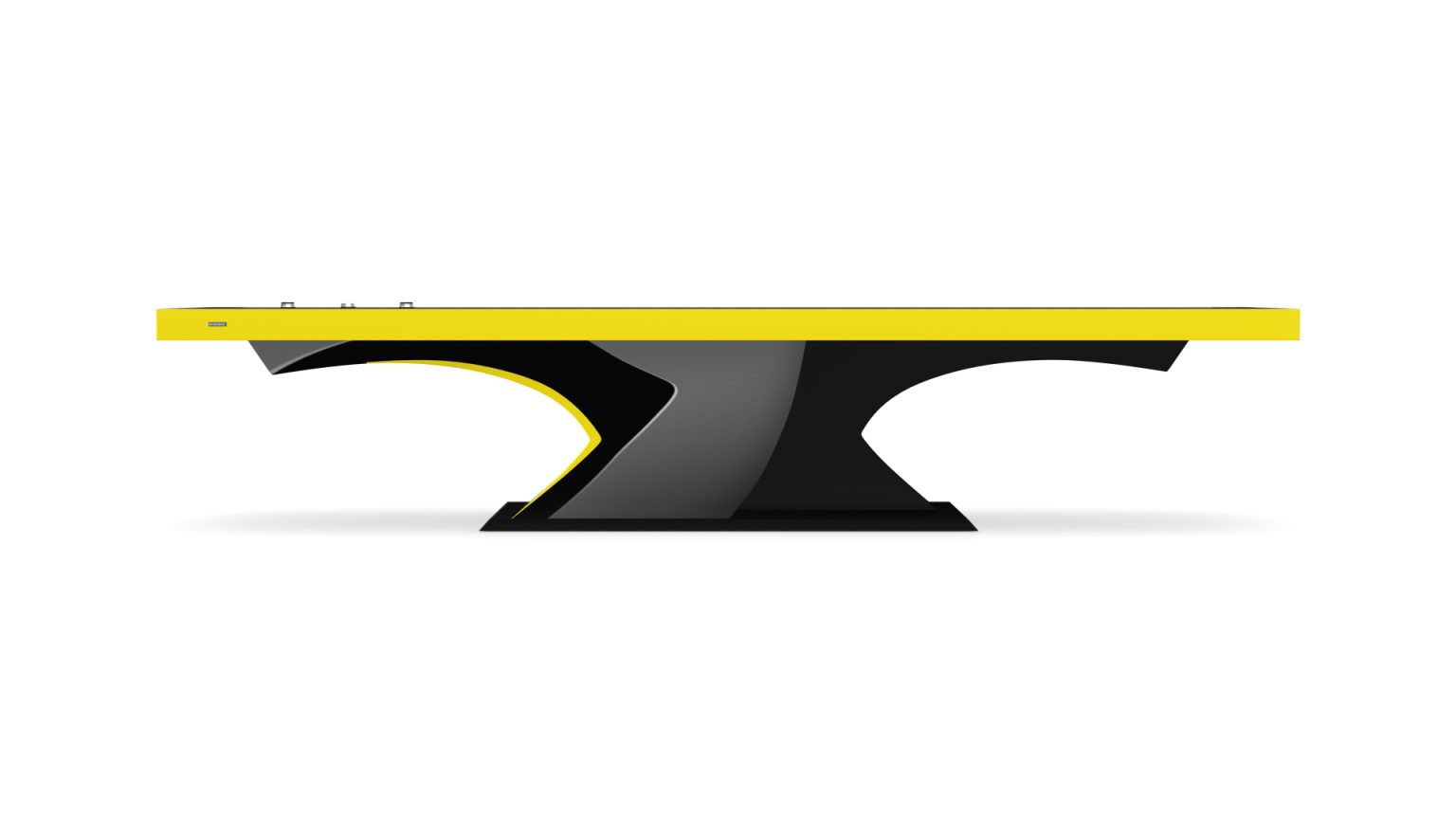 Sleek and modern, the Force Shuffleboard Table boasts a bright yellow surface and a distinctive Z-shaped black base, exuding refined luxury in design against a plain white background.