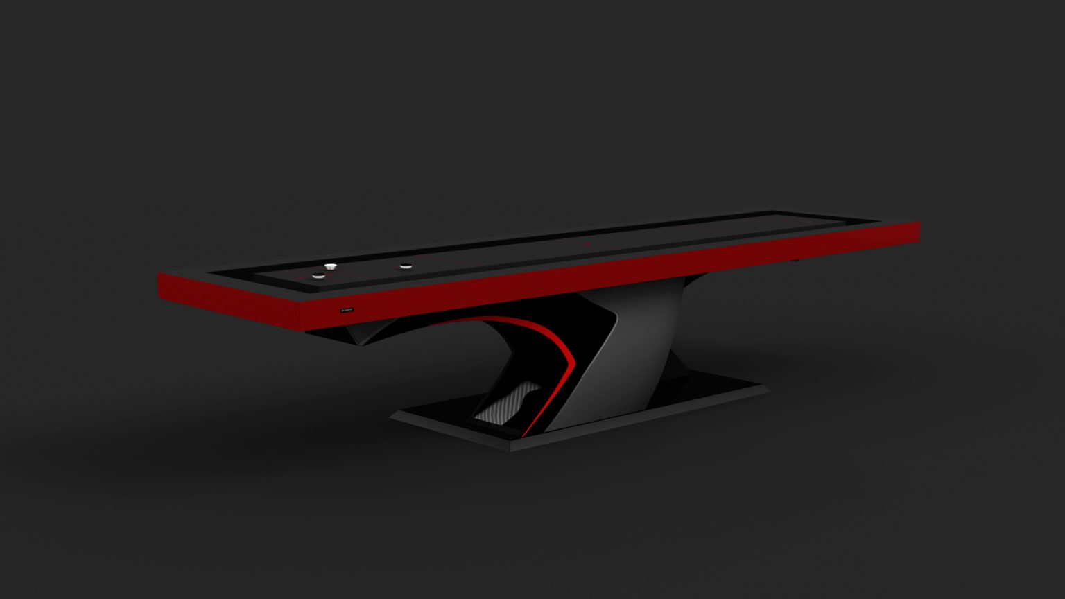 The Force Shuffleboard Table features a sleek, modern design with a black base, red trim, and a smooth glossy surface adorned with several pucks. Set against a dark background, it boasts minimalist elegance.
