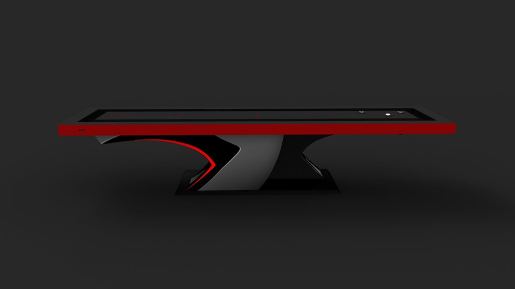 A sleek, modern black and red pool table with a unique curved base design against a dark background, reminiscent of the elegance found in the Force Shuffleboard Table.