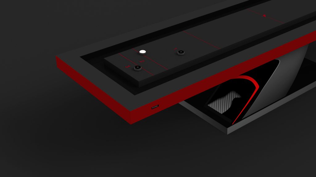 The Force Shuffleboard Table boasts a sleek, modern look with a dark surface and red accents. Two pucks contrast in the playing area, and its angular lines alongside the black-and-red color scheme highlight its contemporary elegance.