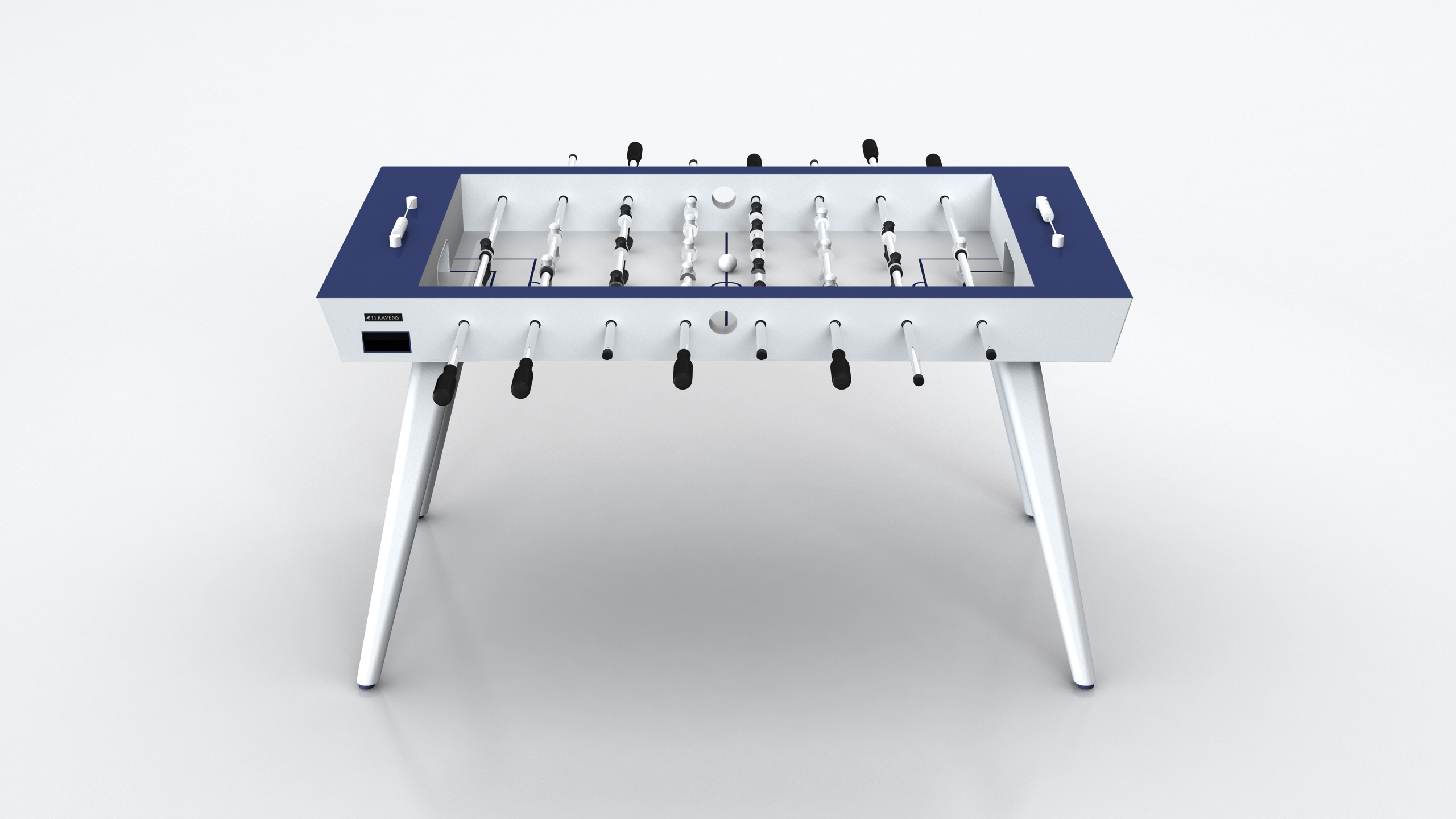 The Hamptons Foosball Table features a modern blue and white design with black and white player figures, black handles, and angled white legs, shown against a plain white background.