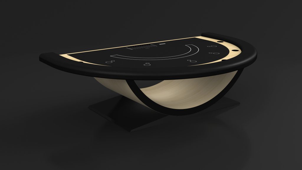A modern, curved wooden console table, inspired by the luxurious Theseus Blackjack Table, showcases a sleek black surface and minimalist design against a dark background.