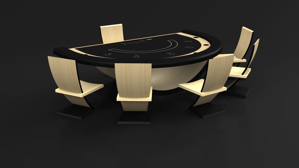 A luxury Theseus Blackjack Table, semi-circular with a wooden frame and black surface adorned with card markings, is paired with five stylish wooden chairs featuring black bases, all set against an elegant black backdrop.