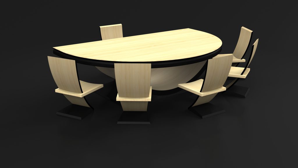 A luxurious Theseus Blackjack Table features a modern wooden semi-circular top with a black base, surrounded by five matching wooden chairs with black bases, all against a sleek black background.
