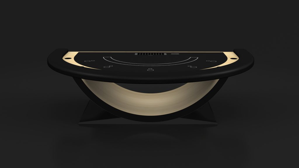 The Theseus Blackjack Table is elegantly designed with a black tabletop featuring card markings. Its semicircular shape, curved wooden base, and light-colored inlays enhance its luxury appeal, making it ideal for upscale gaming nights.