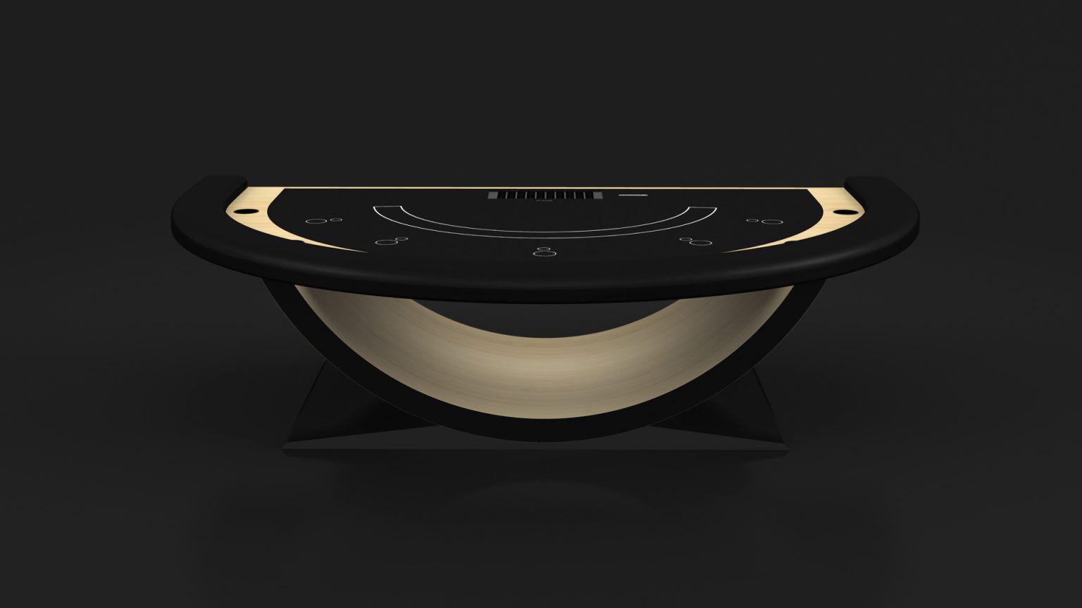 The Theseus Blackjack Table is elegantly designed with a black tabletop featuring card markings. Its semicircular shape, curved wooden base, and light-colored inlays enhance its luxury appeal, making it ideal for upscale gaming nights.