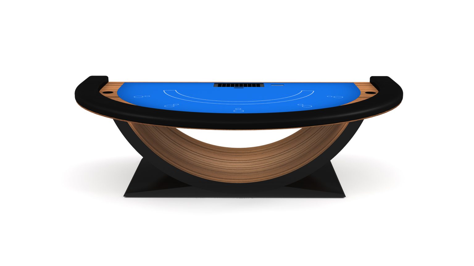 Discover the Theseus Blackjack Table, featuring a sleek wooden base in an inverted arch and a blue playing surface with marked betting positions for an unmatched gaming experience.