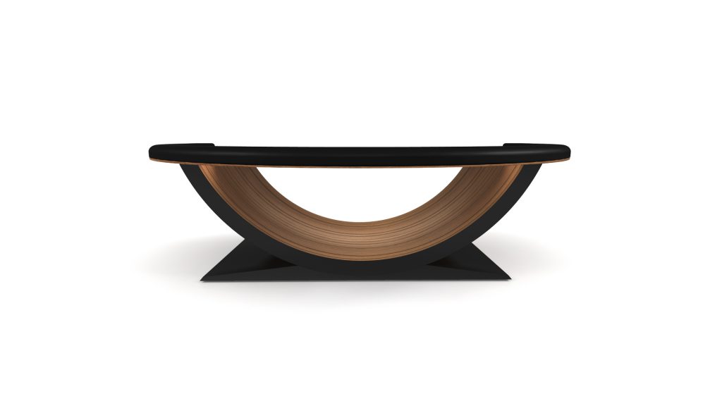 The Theseus Blackjack Table, featuring a unique curved design and symmetrical base, offers a luxurious aesthetic with its blend of modern black elements and natural wood tones against a plain white background.