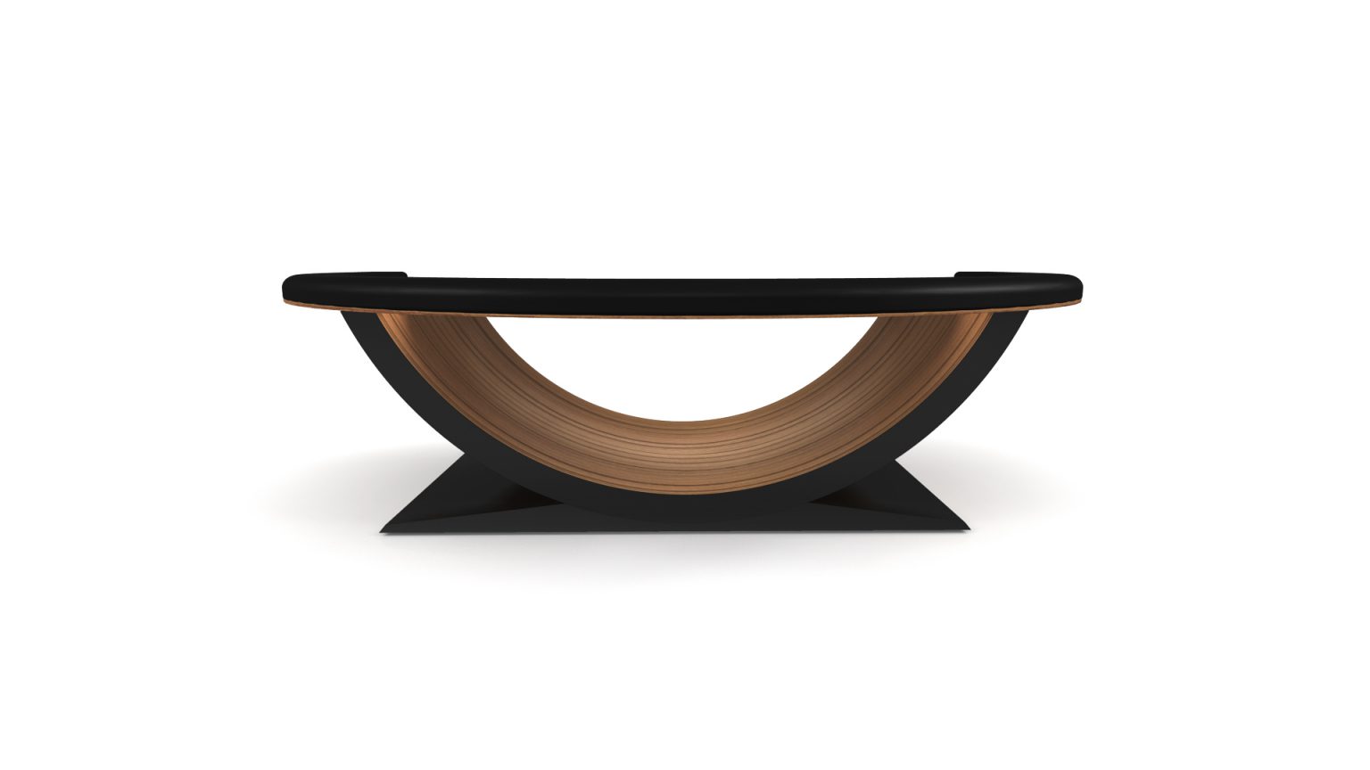 The Theseus Blackjack Table, featuring a unique curved design and symmetrical base, offers a luxurious aesthetic with its blend of modern black elements and natural wood tones against a plain white background.