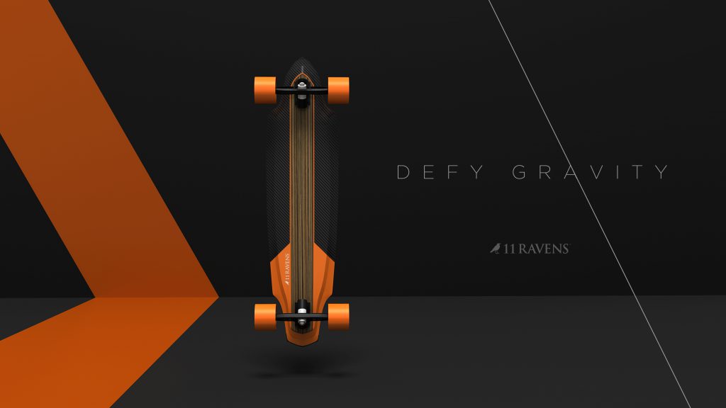 A luxury Longboard Skateboard in orange and black is showcased vertically against a sleek black and orange backdrop, featuring the text DEFY GRAVITY and 11 RAVENS, emphasizing its modern design.