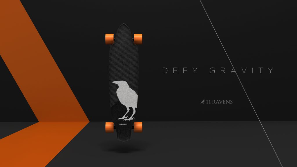 The Longboard Skateboard features orange wheels and stands vertically, displaying a white raven silhouette on its deck. It has geometric orange and black patterns in the background with the text Defy Gravity and 11 Ravens.