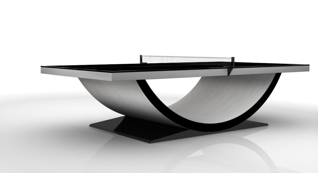 The Theseus Ping Pong Table features a sleek black top and a distinctive curved silver base, showcasing minimalist, contemporary design against a plain white background.