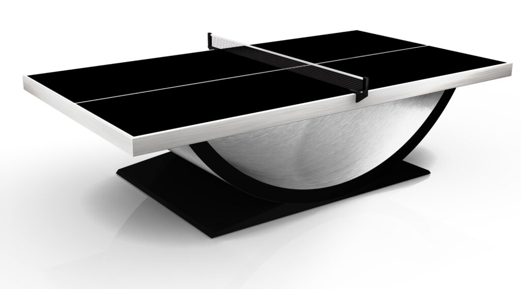 The Theseus Ping Pong Table features a sleek black surface, white boundary lines, and a curved metallic base for a modern, stylish look.