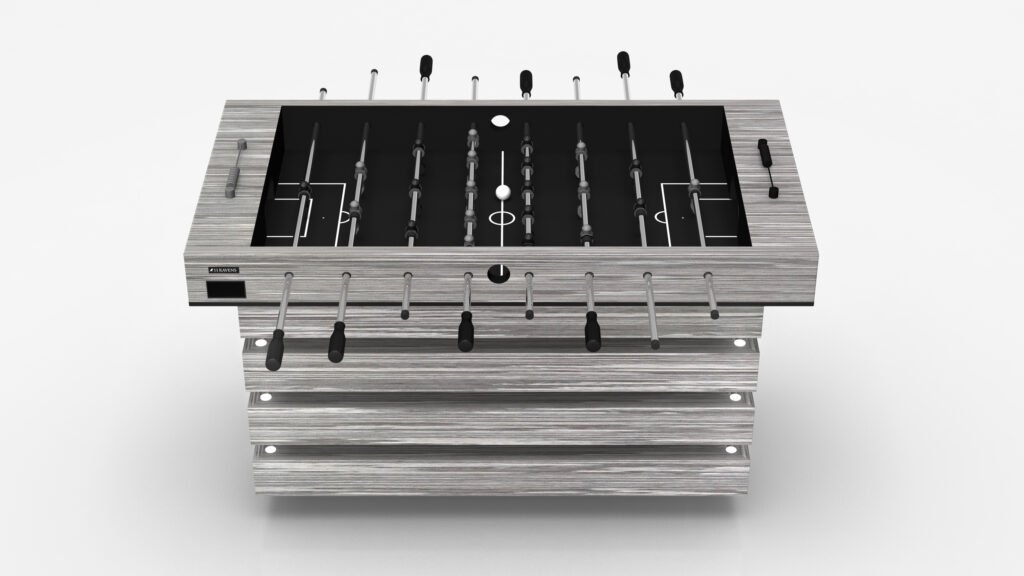 The Arclight Foosball Table features a modern black and white design, sleek metal rods, and a striped wood finish, shown from above on a white background.