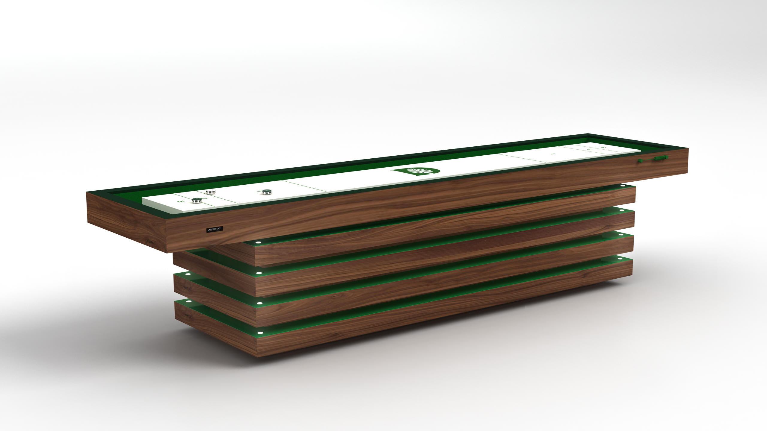 The Arclight Shuffleboard Table has a sleek wood base with horizontal slats and a green-and-white playing surface, featuring metal pucks and scoring areas. The background is plain white.