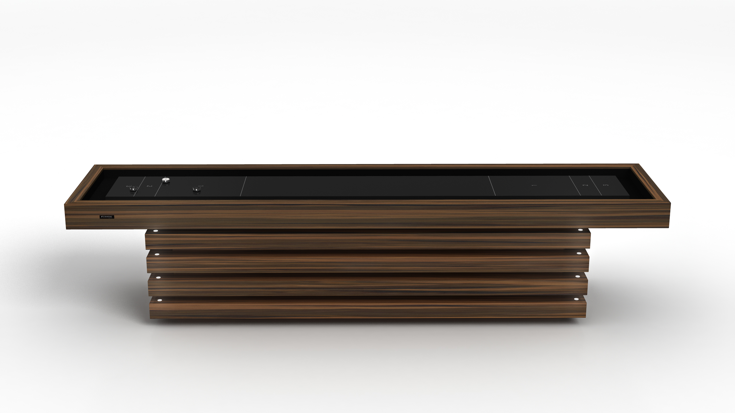A modern rectangular coffee table featuring a wooden ribbed base and glossy black top, inspired by the refined elegance of the Arclight Shuffleboard Table, set against a plain white background.