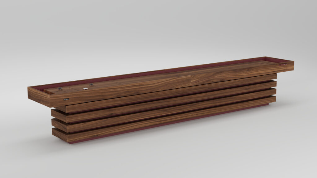 The Arclight Shuffleboard Table features a modern, slatted wood design with clean lines, a rich wood grain finish, and bold red edge accents, all set against a plain light gray background.
