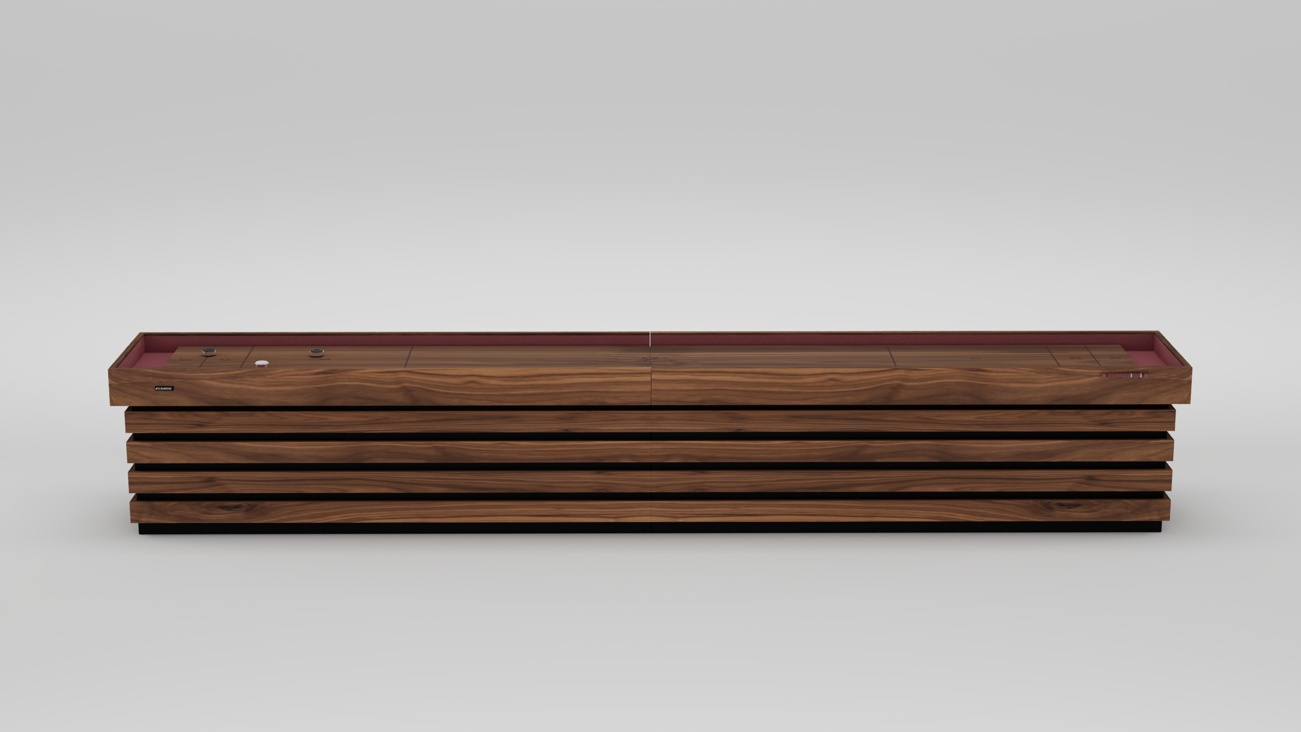 The Arclight Shuffleboard Table features a modern design with horizontal wooden slats, a rectangular reddish-brown tray surface, and subtle metal accents, inspired by luxury style and presented against a plain white background.