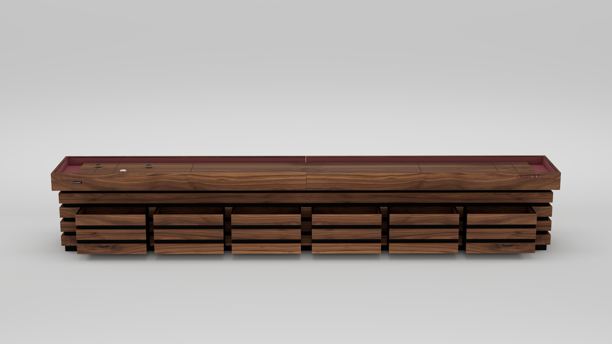 A modern wooden credenza with geometric drawers and a flat top with reddish trim recalls the refined elegance of the Arclight Shuffleboard Table, set against a plain light background.