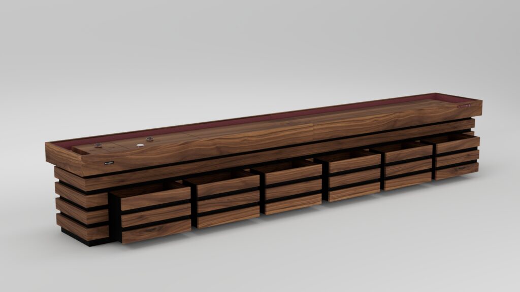 The Arclight Shuffleboard Table features a long, modern design with a smooth, polished surface and drawers beneath, shown against a plain gray background.