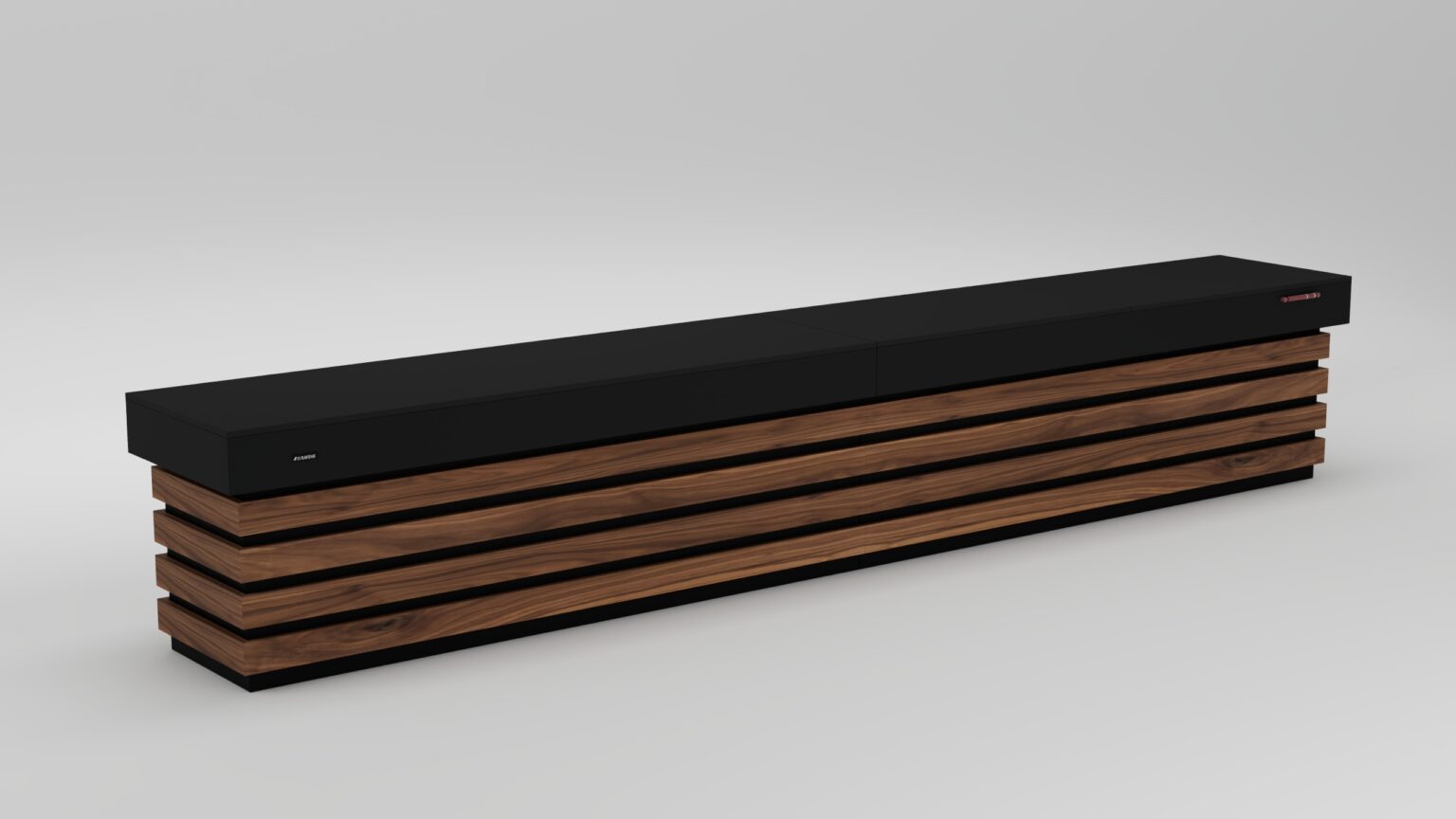 A modern, rectangular bench with a black cushioned top and wooden slats forming the base, inspired by Arclight Shuffleboard design elements, set against a plain light gray background.