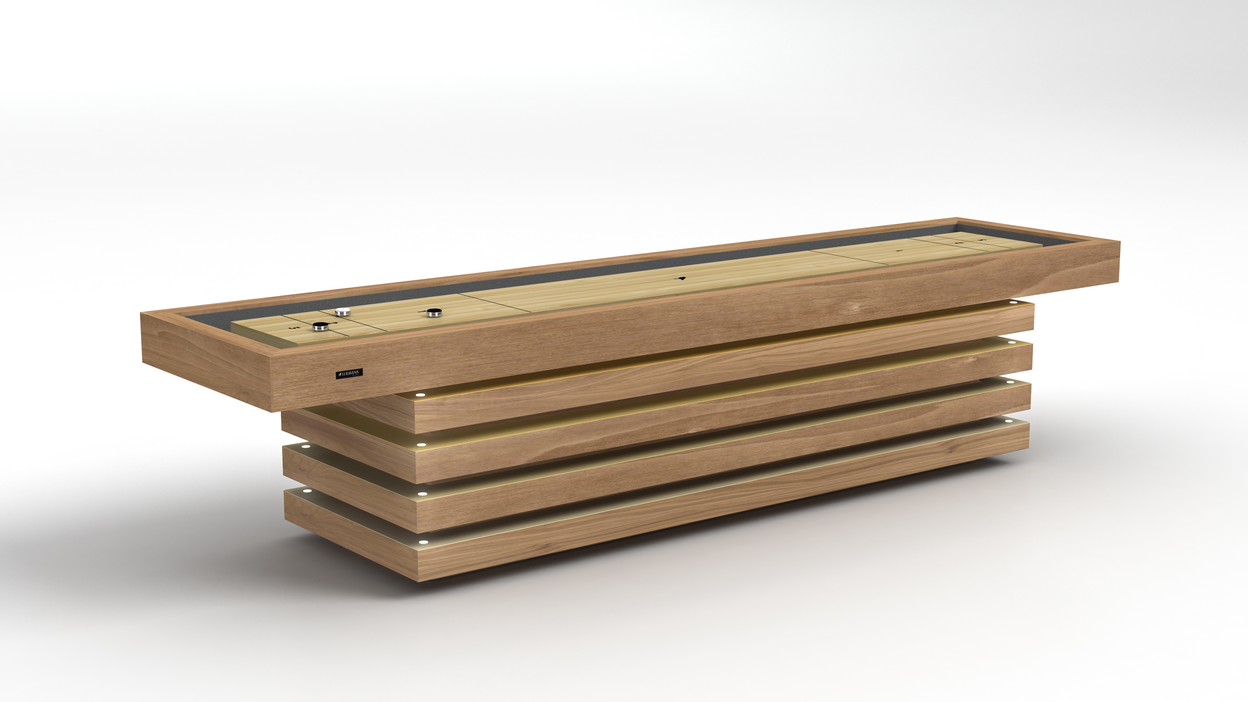 The Arclight Shuffleboard Table showcases a modern look with a rectangular wooden top, metal playing surface, and a distinctive base of horizontal wooden slats, highlighted against a plain white background.