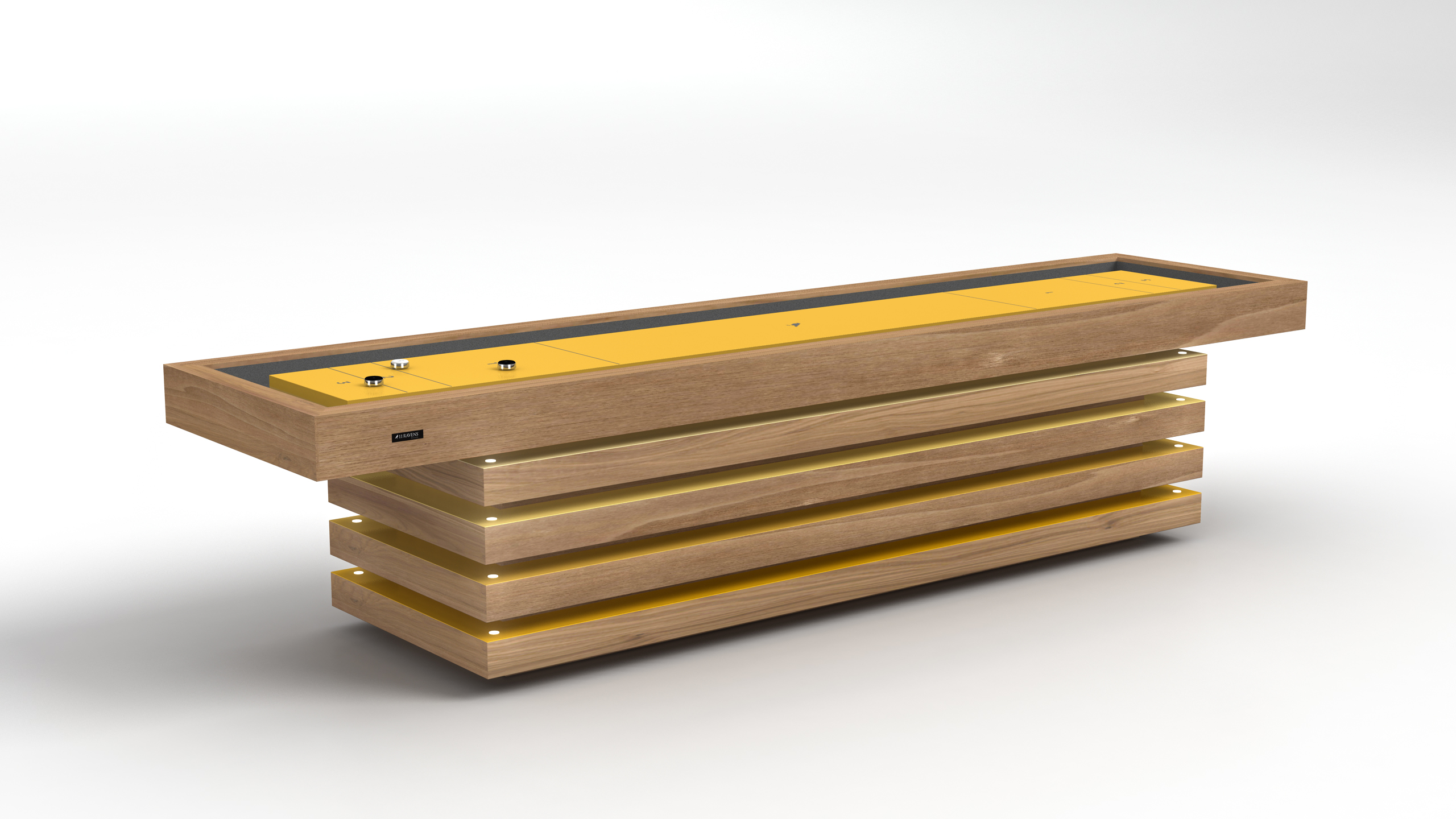 The Arclight Shuffleboard Table showcases a yellow playing surface and a sleek, layered wooden base with narrow horizontal gaps and integrated lighting, set against a plain white background.