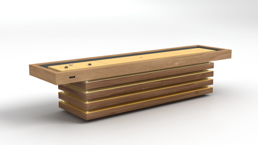 The Arclight Shuffleboard Table showcases a modern design with a light wood finish, gold accents, and a layered rectangular base, displayed on a plain white background.