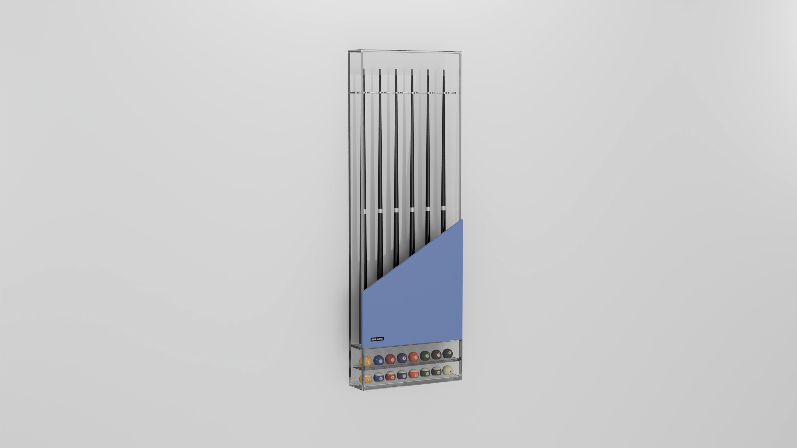 A wall-mounted Arella Cue Rack with vertical black vents, a diagonal blue panel, and a row of colored buttons and dials at the bottom, displayed against a plain white background.